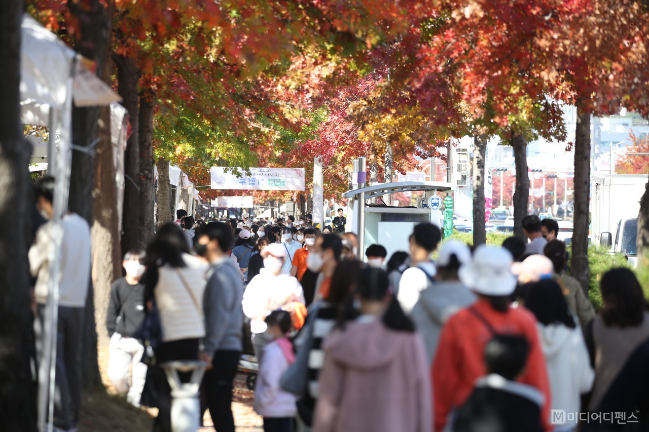 인동.진미 도시숲 문화축제가 열린 인동하나로마트앞에 단풍을 즐기려는 방문객들이 인산인해를 이루었다.